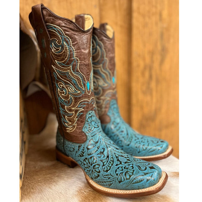 Cowtown Ladies Turquoise Leather Wide Square Toe Boots Q451