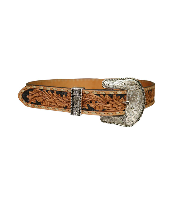 Alamo Saddlery 1.5 Inch straight belt golden leather mini acorn tooling w/ background paint & buckstitch