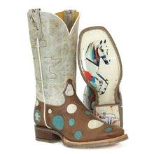 Load image into Gallery viewer, Tin Haul Women&#39;s Spots &amp; Dots / Geometric Brown Leather Square Toe Boots 1531