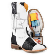 Load image into Gallery viewer, Tin Haul Women&#39;s Black &amp; White / Mondrian Brown Leather Square Toe Boots 1534