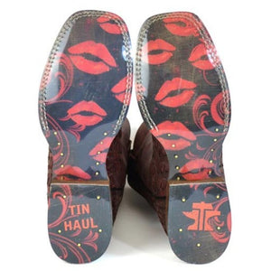 Tin Haul Women's Roses Are Red / Kiss Me Red Leather Square Toe Boots 1542