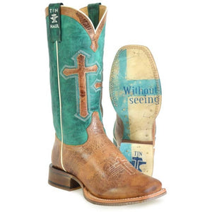 Tin Haul Women's Crucifix / Blessed Are Blessed Are Those Brown Leather Square Toe Boots 1543