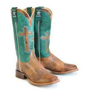 Tin Haul Women's Crucifix / Blessed Are Blessed Are Those Brown Leather Square Toe Boots 1543