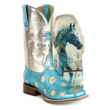 Load image into Gallery viewer, Tin Haul Women&#39;s Polka Dot Diva / Petal Pony Blue Leather Square Toe Boots 1552