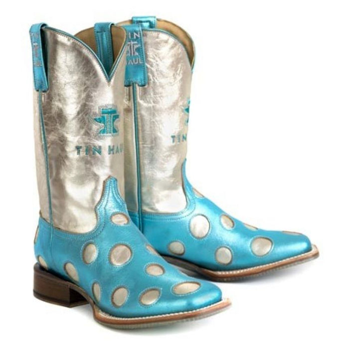 Tin Haul Women's Polka Dot Diva / Petal Pony Blue Leather Square Toe Boots 1552