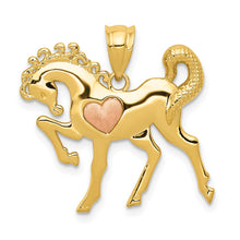Load image into Gallery viewer, 14 Two Tone Gold Prancing Horse with Pink Heart Pendant