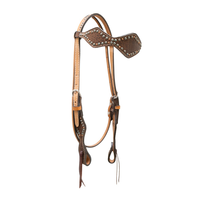 Alamo Saddlery 2-1/2 Inch Diamond browband headstall rough out golden leather redwood elephant overlay with spots 2046-RW