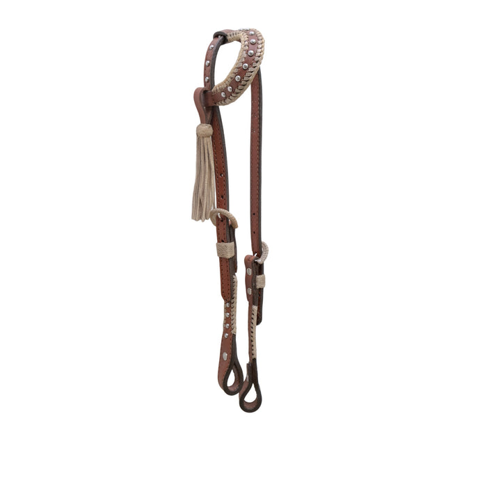 Alamo Saddlery 5/8 Inch Flat one ear headstall toast leather with Spanish lace hardware, braided loops, and spots 2070TP