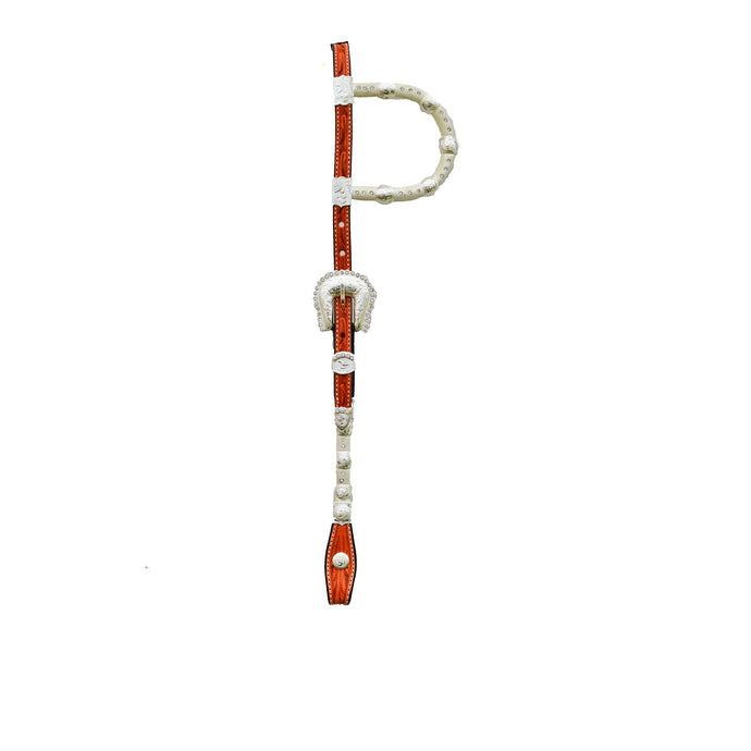 Alamo Saddlery 5/8 Inch Round double silver ear headstall golden leather with silver solid bars, stones, and silver hardware 2072-SIB
