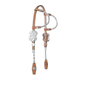 Alamo Saddlery 5/8 Inch Round double silver ear headstall golden leather floral tooled with silver ice ferrules, stones, and silver hardware 2073-SIF