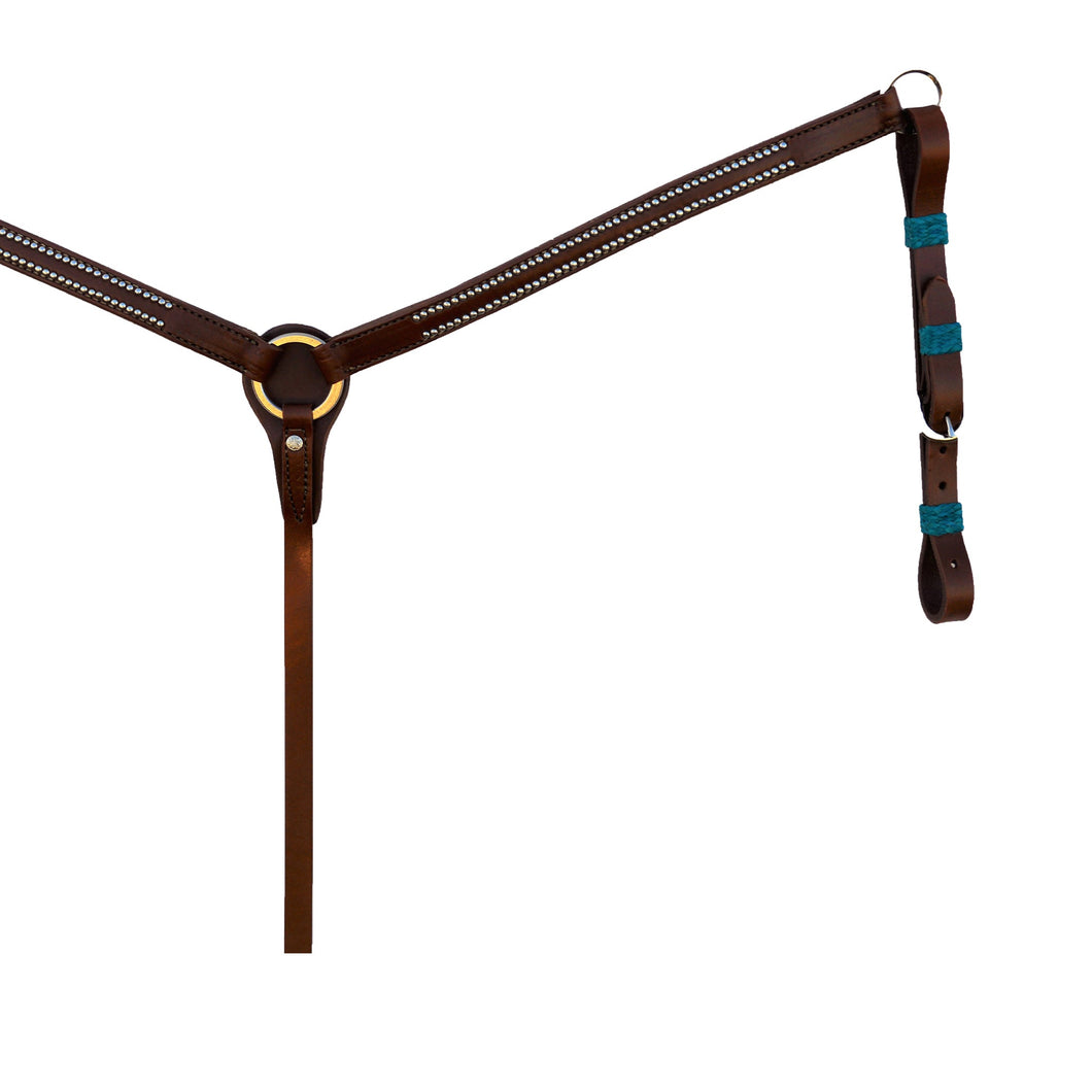 Alamo Saddlery 1 Inch Breast collar heavy oiled harness leather with teal rawhide loops and spots 3014-HTP