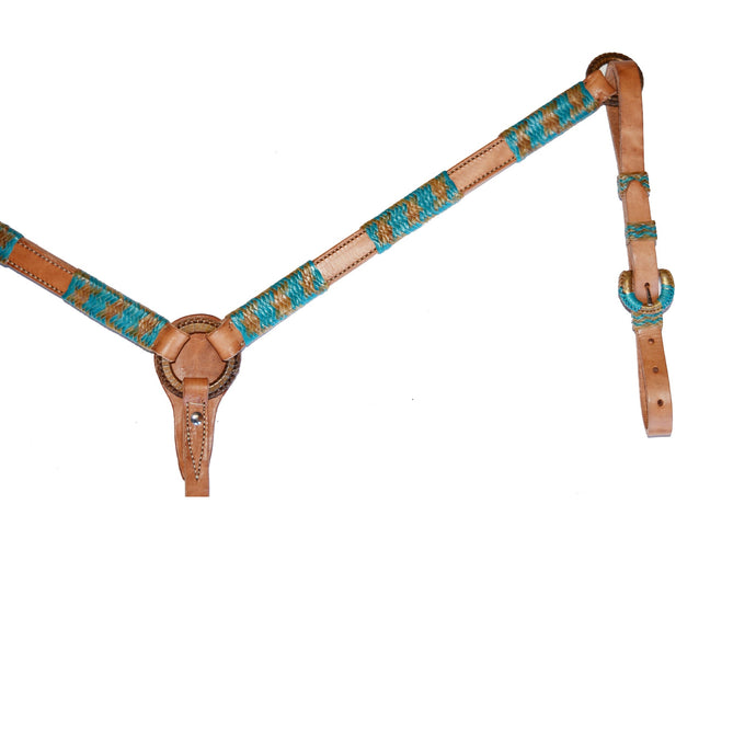 Alamo Saddlery 1 Inch Breast collar harness leather natural and teal rawhide braiding with Spanish lace hardware 3014-TN