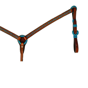 Alamo Saddlery 1 Inch Breast collar toast leather turquoise rawhide southwest design with Spanish lace hardware rawhide loops 3014-TT