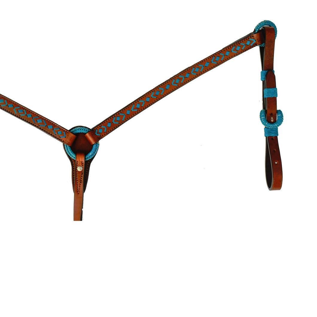 Alamo Saddlery 1 Inch Breast collar toast leather turquoise rawhide southwest design with Spanish lace hardware rawhide loops 3014-TT
