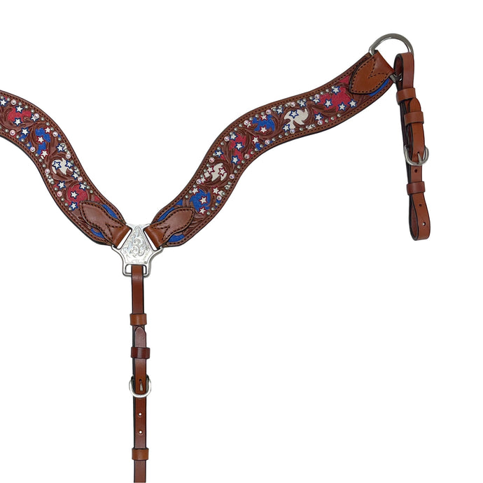 Alamo Saddlery 2-1/2 Inch Wave breast collar toast leather combo AA/star tooling with background paint, crystals, and spots 3017-USAJ