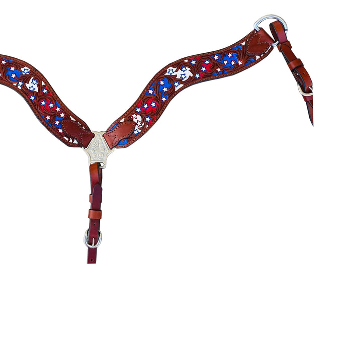 Alamo Saddlery 2-1/2 Inch Wave breast collar toast leather combo AA/star tooling with background paint 3017-USA