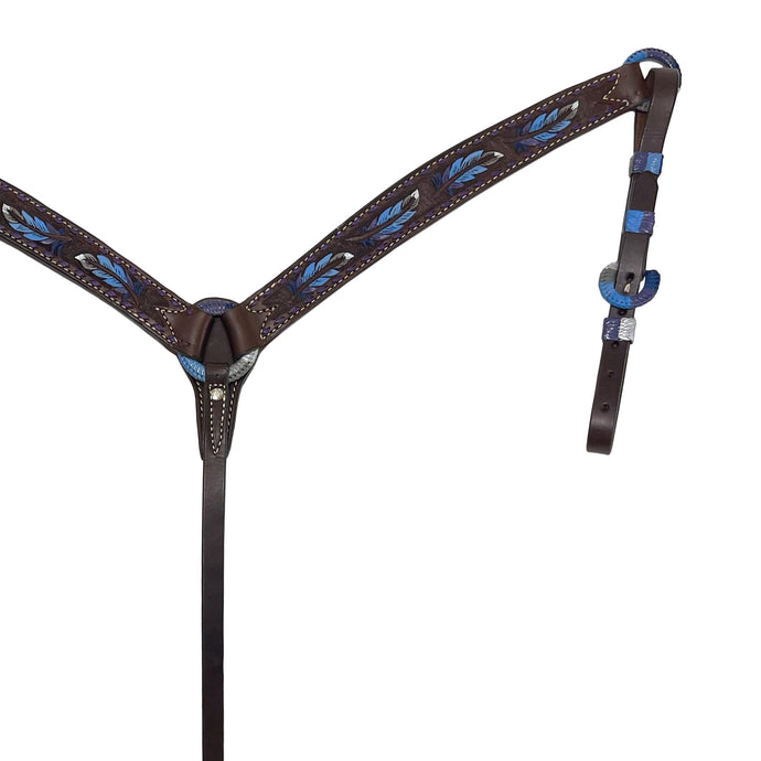 Alamo Saddlery 1-3/4 Inch Contour breast collar chocolate leather multicolored tooled with purple buckstitch and Spanish lace hardware 3023-FEATHER