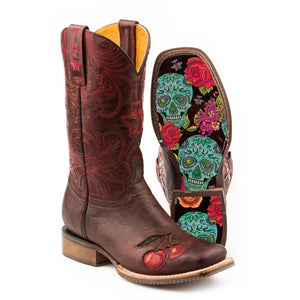 Tin Haul Women's Mon Cherry/Skull And Roses Square Toe Boots 14-021-0077-1401 RE