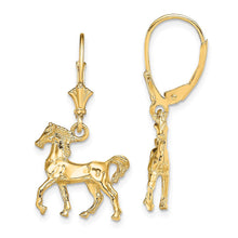 Load image into Gallery viewer, Polished 3D Horse Lever Back Earrings in 14k Yellow Gold