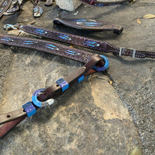 Load image into Gallery viewer, Alamo Saddlery 1-3/4 Inch Contour breast collar chocolate leather multicolored tooled with purple buckstitch and Spanish lace hardware 3023-FEATHER