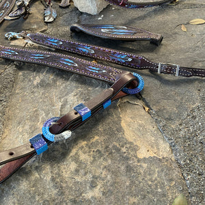 Alamo Saddlery 1-3/4 Inch Contour breast collar chocolate leather multicolored tooled with purple buckstitch and Spanish lace hardware 3023-FEATHER