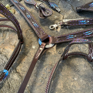 Alamo Saddlery 1-3/4 Inch Contour breast collar chocolate leather multicolored tooled with purple buckstitch and Spanish lace hardware 3023-FEATHER