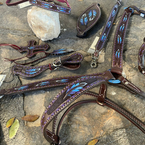 Alamo Saddlery 1-3/4 Inch Contour breast collar chocolate leather multicolored tooled with purple buckstitch and Spanish lace hardware 3023-FEATHER