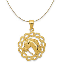 Load image into Gallery viewer, 14k Yellow Gold Horse Head Horseshoe Wreath Necklace