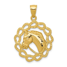 Load image into Gallery viewer, 14k Yellow Gold Horse Head and Horseshoe Wreath Pendant, 24mm