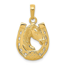 Load image into Gallery viewer, 14k White or Yellow Gold Horse Head and Horseshoe Pendant, 15mm