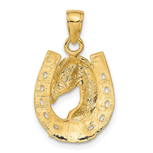 Load image into Gallery viewer, 14k White or Yellow Gold Horse Head and Horseshoe Pendant, 15mm