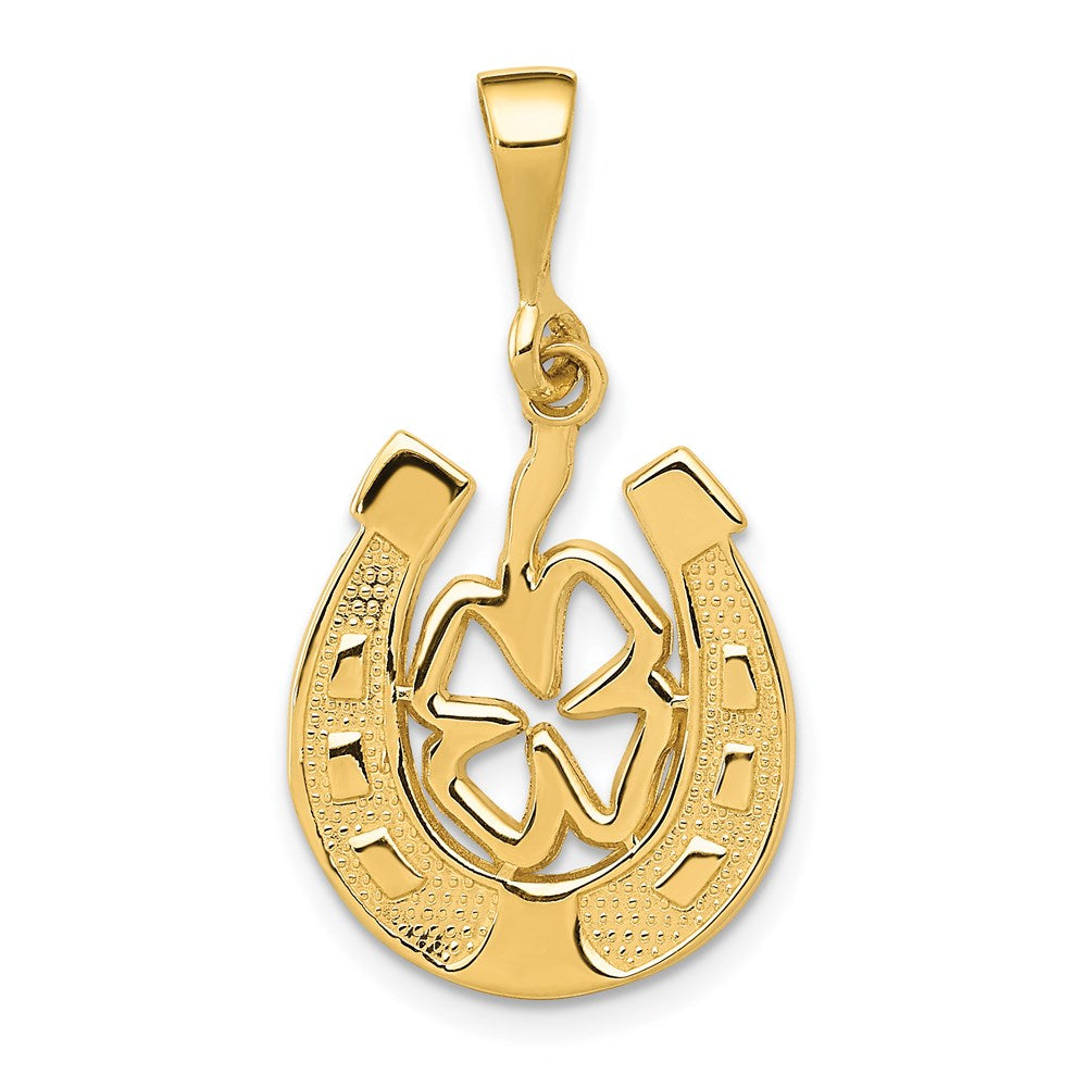 14k Yellow or White Gold Four Leaf Clover and Horseshoe Pendant, 15mm