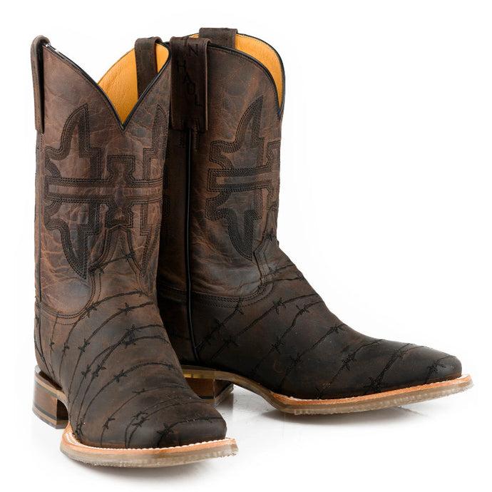 Tin Haul Men's Don't Fence Me In Two Brown Leather Square Toe Boots 0528
