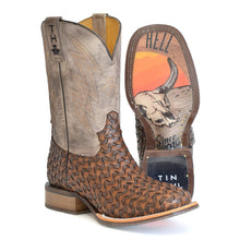 Load image into Gallery viewer, Tin Haul Men&#39;s Ripples / Raisin&#39; Hell Tan Leather Square Toe Boots 0501