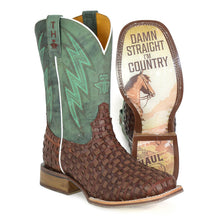 Load image into Gallery viewer, Tin Haul Men&#39;s Tangled / I&#39;m Country Brown Leather Square Toe Boots 0512