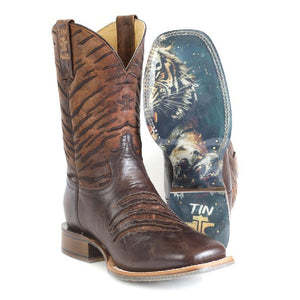 Tin Haul Men's Slash / Eye Of The Tiger Brown Leather Square Toe Boots 0543