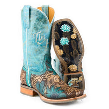 Load image into Gallery viewer, Tin Haul Women&#39;s Cactus Flower / Desert Brown Leather Square Toe Boots 1533