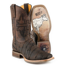Load image into Gallery viewer, Tin Haul Men&#39;s Don&#39;t Fence Me In Two Brown Leather Square Toe Boots 0528