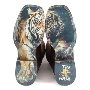 Tin Haul Men's Slash / Eye Of The Tiger Brown Leather Square Toe Boots 0543