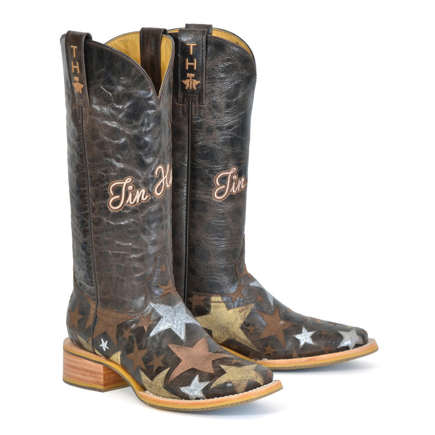 Tin Haul Women's Hollywood Stars/Horse Lover Brown Leather Square Toe Boots 1502