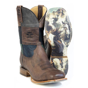Tin Haul Men's Blocks / Running Wild Brown Goat Leather Square Toe Boots 0563