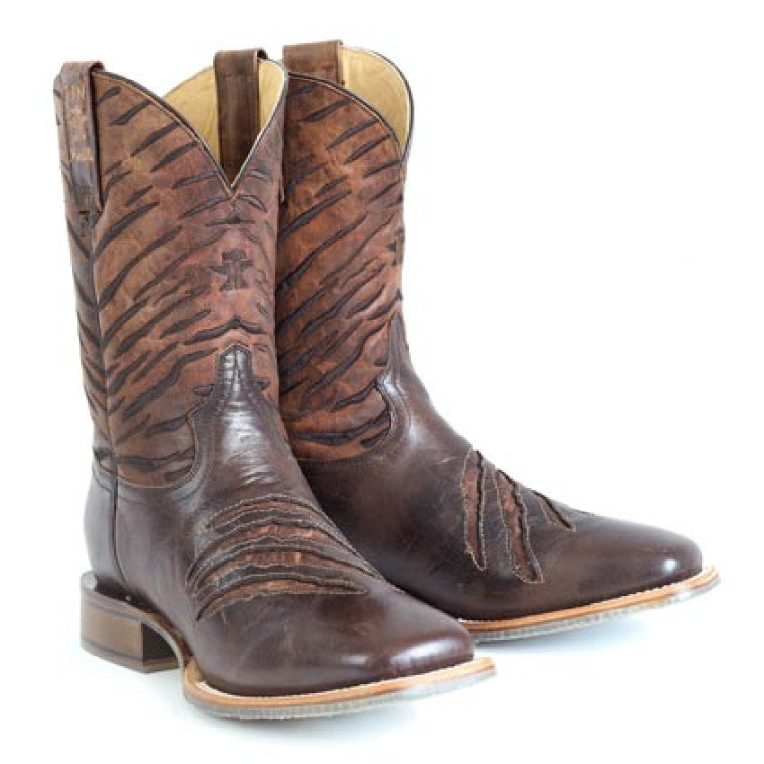 Tin Haul Men's Slash / Eye Of The Tiger Brown Leather Square Toe Boots 0543
