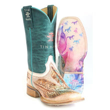 Load image into Gallery viewer, Tin Haul Women&#39;s Birds Of A Feather / Magical Horses Tan Leather Square Toe Boots 1541