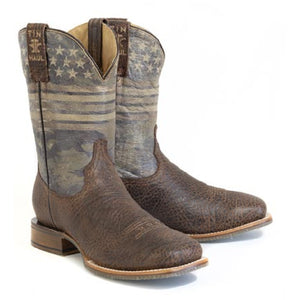 Tin Haul Men's Flag Of The Proud / Pledge Of Allegiance Brown Leather Square Toe Boots 0566