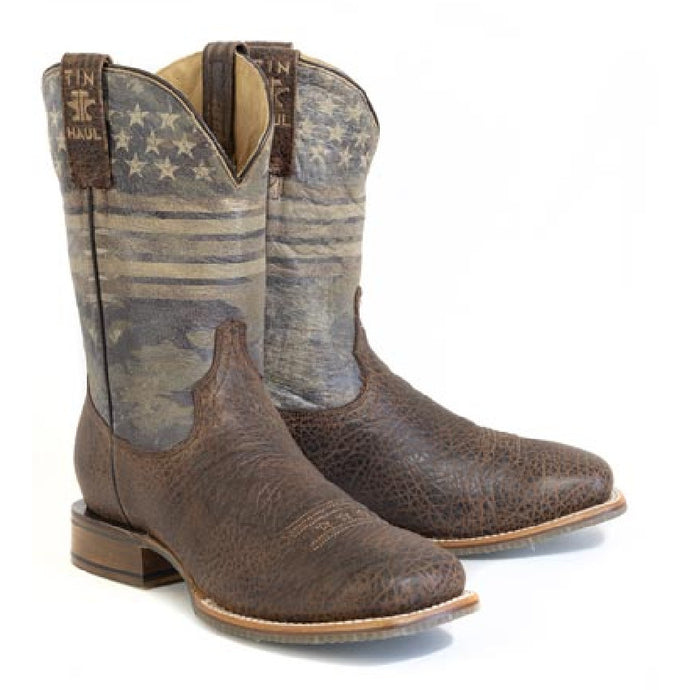 Tin Haul Men's Flag Of The Proud / Pledge Of Allegiance Brown Leather Square Toe Boots 0566