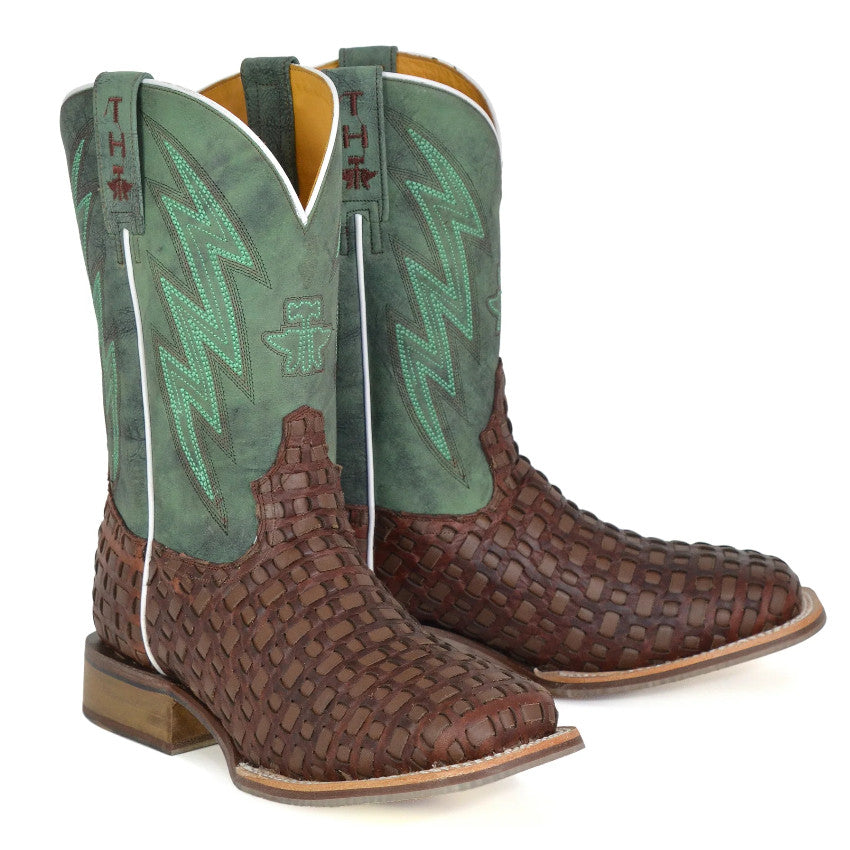 Tin Haul Men's Tangled / I'm Country Brown Leather Square Toe Boots 0512