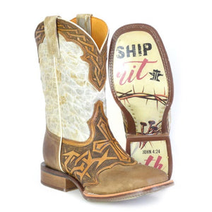Tin Haul Men's Cross & Thorns / Spirit Tan Leather Square Toe Boots 0520