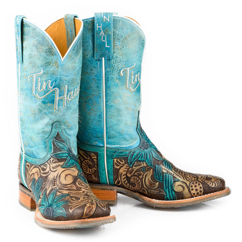 Tin Haul Women's Cactus Flower / Desert Brown Leather Square Toe Boots 1533