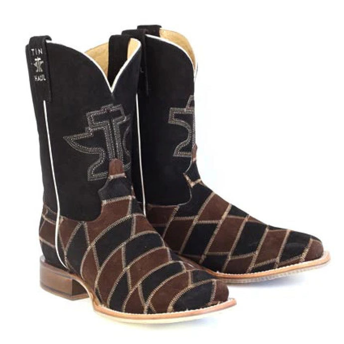 Tin Haul Men's Patch It Up Brown Leather Square Toe Boots 0541