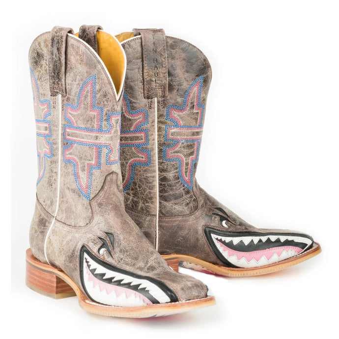 Tin Haul Women's Gnarly Pink Shark Tan Leather Square Toe Boots 0114